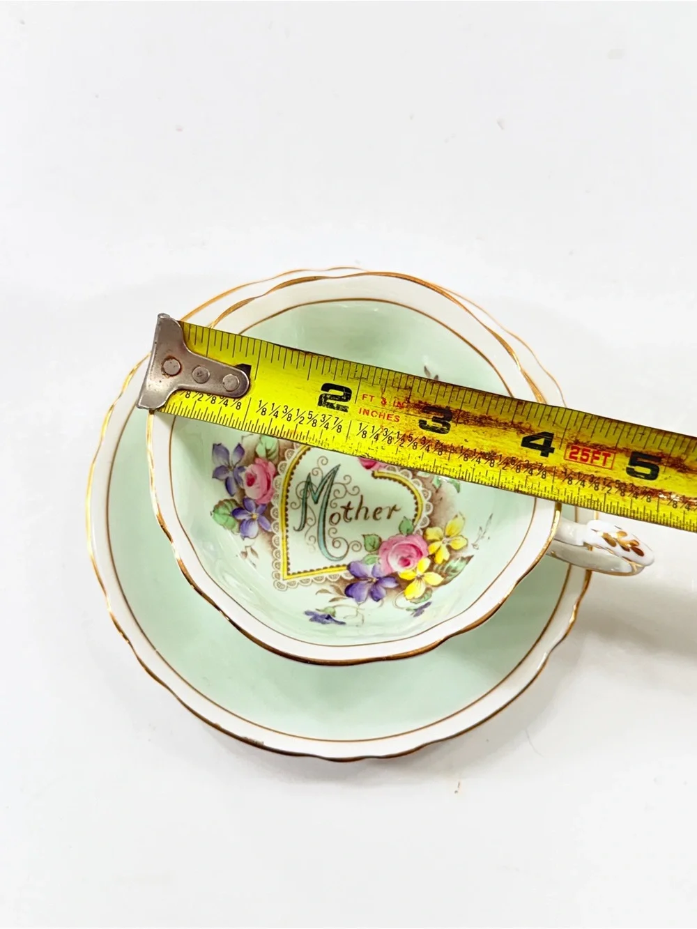 RARE Vintage PARAGON Bone China Teacup Cup & Saucer Double Warrant Mother Green